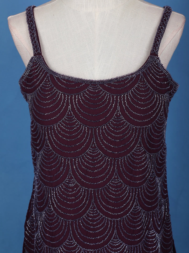 Wine Purple Scallop Beaded Embroidery Georgette Palazzo Suit - Diadem