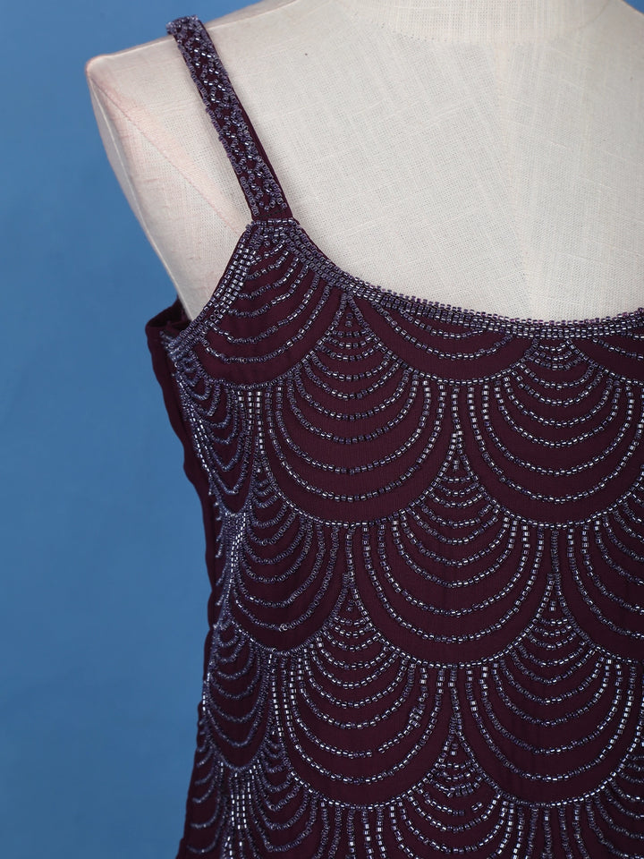 Wine Purple Scallop Beaded Embroidery Georgette Palazzo Suit - Diadem