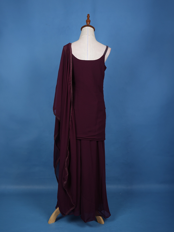 Wine Purple Scallop Beaded Embroidery Georgette Palazzo Suit - Diadem