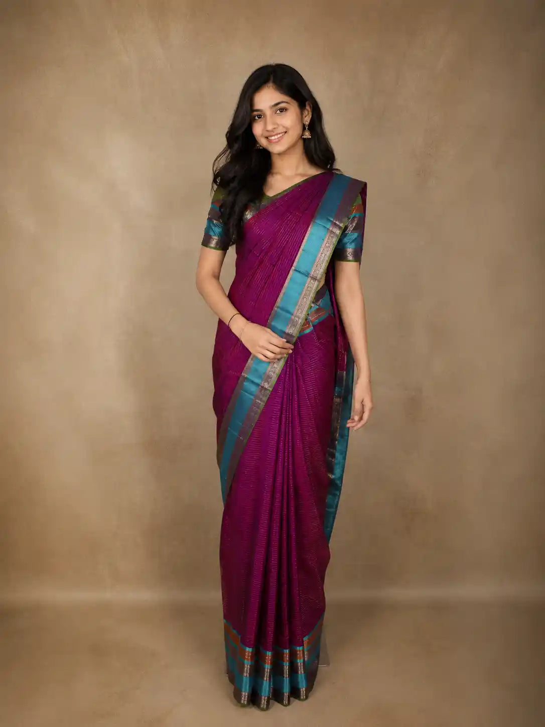 Wine Purple Striped Woven Kanchipuram Silk Saree with Contrast Peacock Blue Border