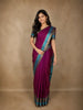 Wine Purple Striped Woven Kanchipuram Silk Saree with Contrast Peacock Blue Border