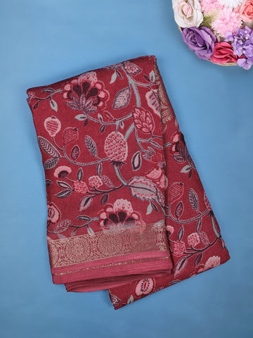 Wine Red Floral Design Printed Cotton Saree - Diadem