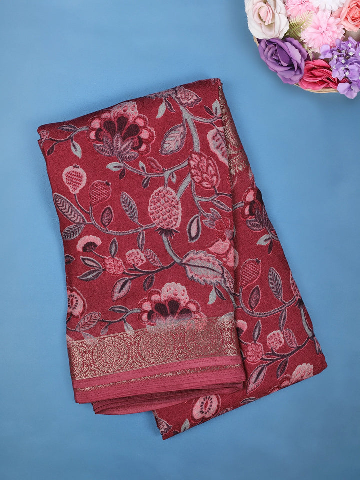 Wine Red Floral Design Printed Cotton Saree - Diadem