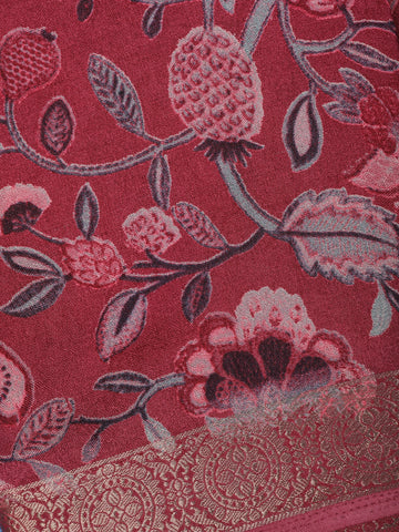 Wine Red Floral Design Printed Cotton Saree - Diadem