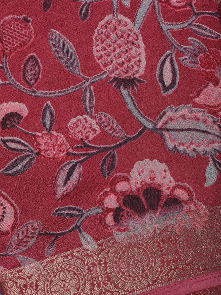Wine Red Floral Design Printed Cotton Saree - Diadem