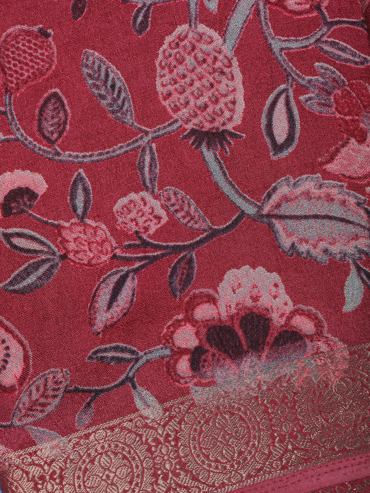 Wine Red Floral Design Printed Cotton Saree - Diadem