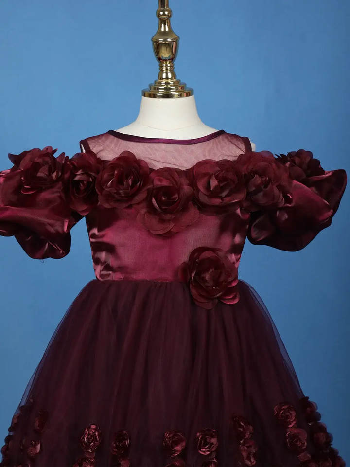 Wine Rose Embellished Puffy Sleeve KIds Net Gown - Diadem