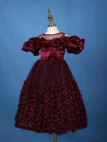 Wine Rose Embellished Puffy Sleeve KIds Net Gown - Diadem