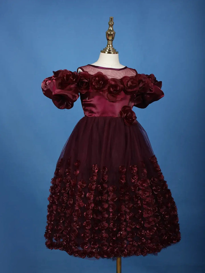 Wine Rose Embellished Puffy Sleeve KIds Net Gown - Diadem