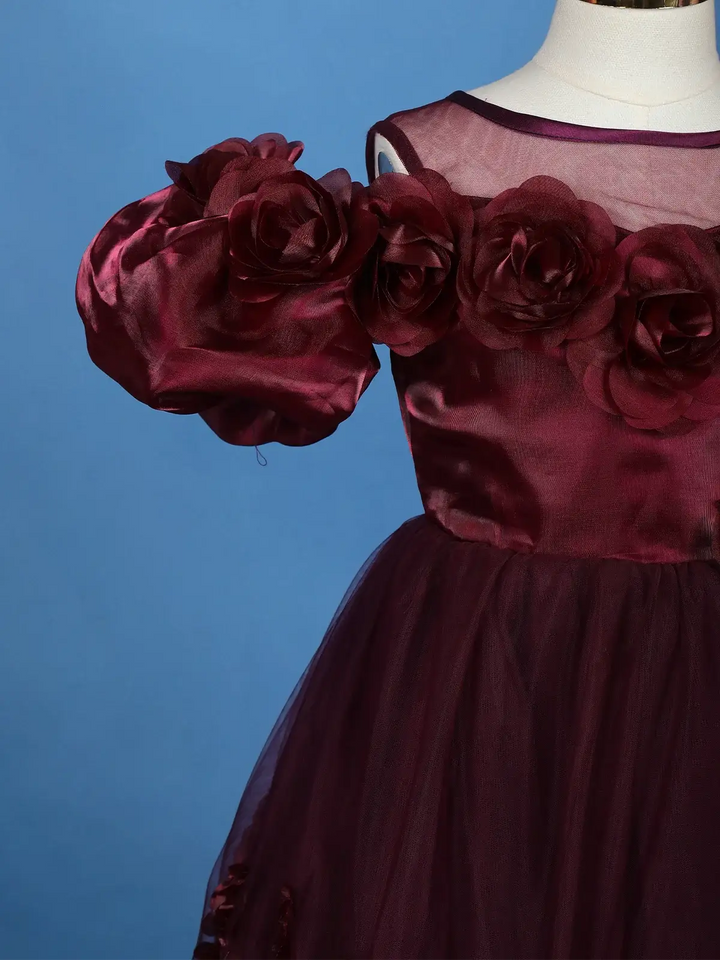 Wine Rose Embellished Puffy Sleeve KIds Net Gown - Diadem