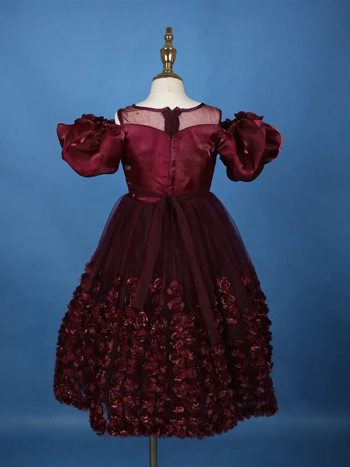 Wine Rose Embellished Puffy Sleeve KIds Net Gown - Diadem