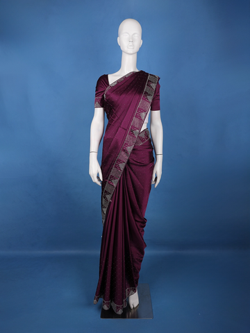 Wine Satin Silk Saree with All-Over Stone Work - Diadem