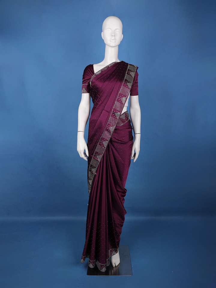 Wine Satin Silk Saree with All-Over Stone Work - Diadem