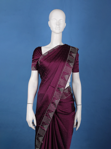 Wine Satin Silk Saree with All-Over Stone Work - Diadem