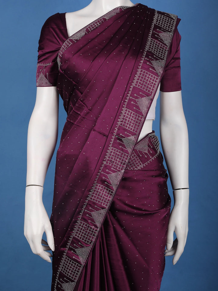 Wine Satin Silk Saree with All-Over Stone Work - Diadem