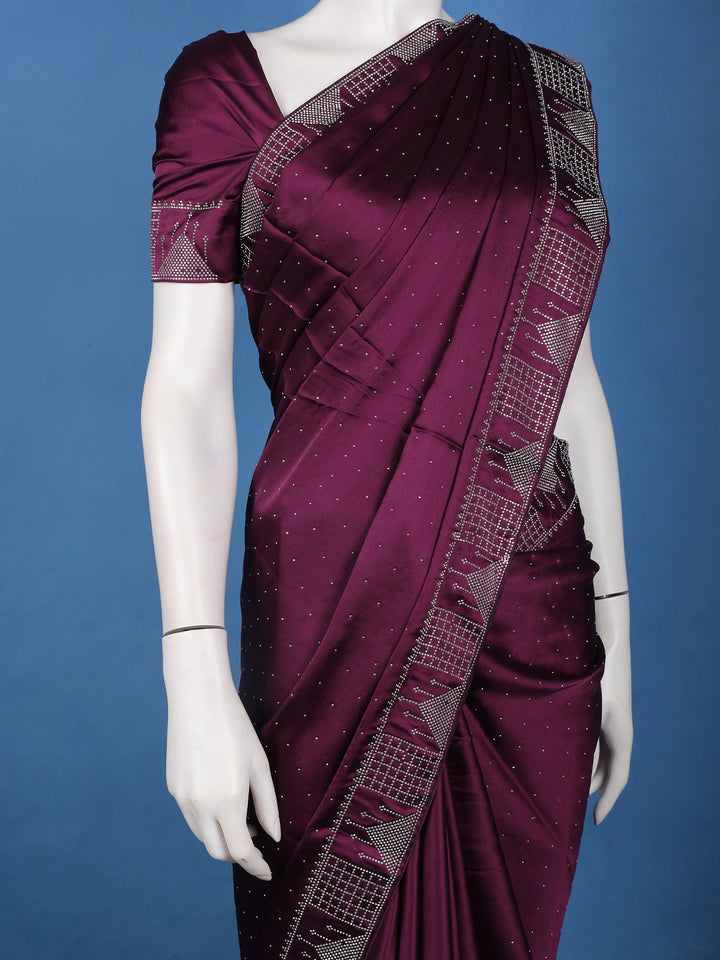 Wine Satin Silk Saree with All-Over Stone Work - Diadem