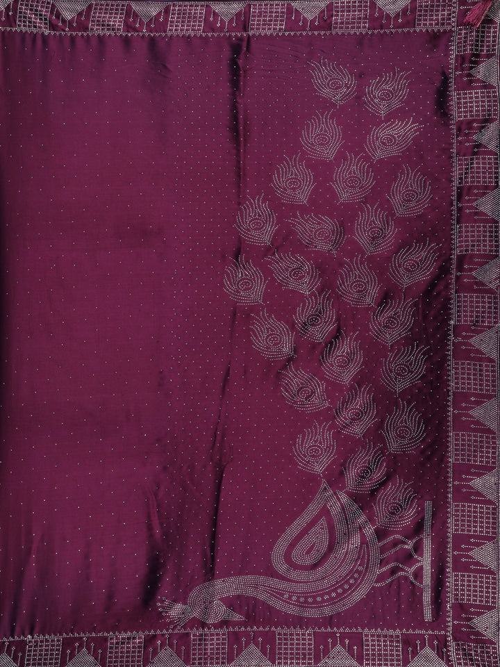 Wine Satin Silk Saree with All-Over Stone Work - Diadem