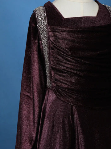 Wine Sequin Designed Satin Kids Gown - Diadem