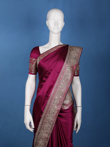 Wine Solid Design Satin Saree with Mirror Work & Heavy Zari Embroidered Border - Diadem