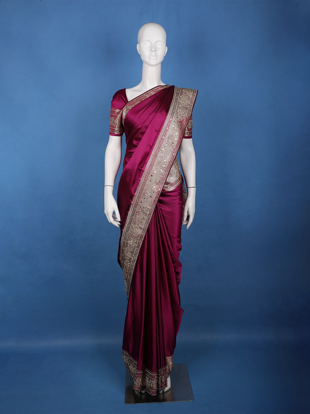 Wine Solid Design Satin Saree with Mirror Work & Heavy Zari Embroidered Border - Diadem