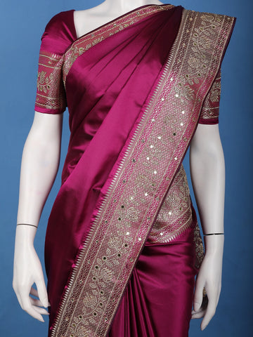 Wine Solid Design Satin Saree with Mirror Work & Heavy Zari Embroidered Border - Diadem