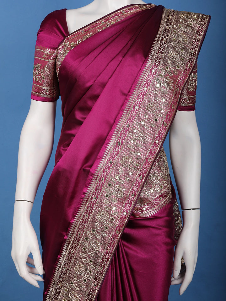 Wine Solid Design Satin Saree with Mirror Work & Heavy Zari Embroidered Border - Diadem