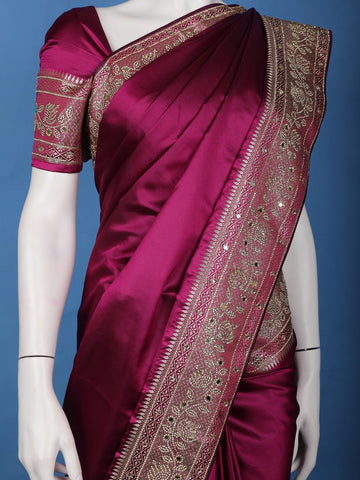 Wine Solid Design Satin Saree with Mirror Work & Heavy Zari Embroidered Border - Diadem