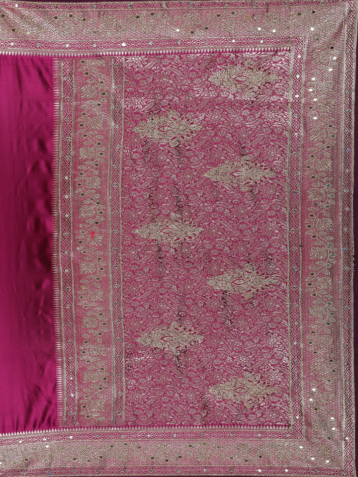 Wine Solid Design Satin Saree with Mirror Work & Heavy Zari Embroidered Border - Diadem