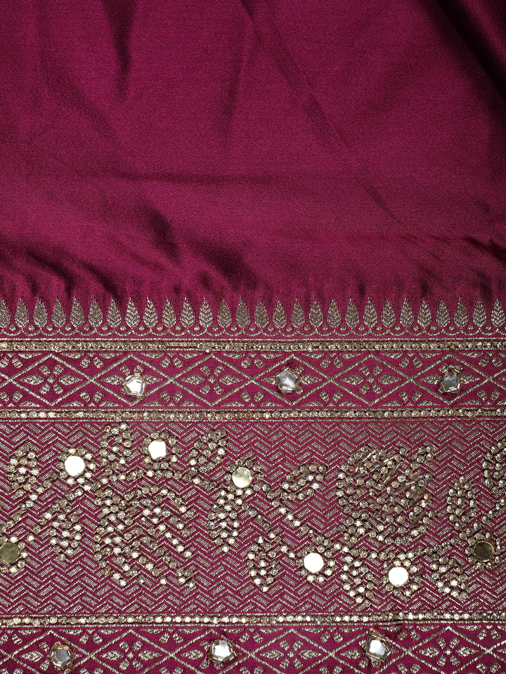 Wine Solid Design Satin Saree with Mirror Work & Heavy Zari Embroidered Border - Diadem