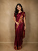 Wine Striped Woven Kanchipuram Silk Saree with Olive Gold Contrast Border