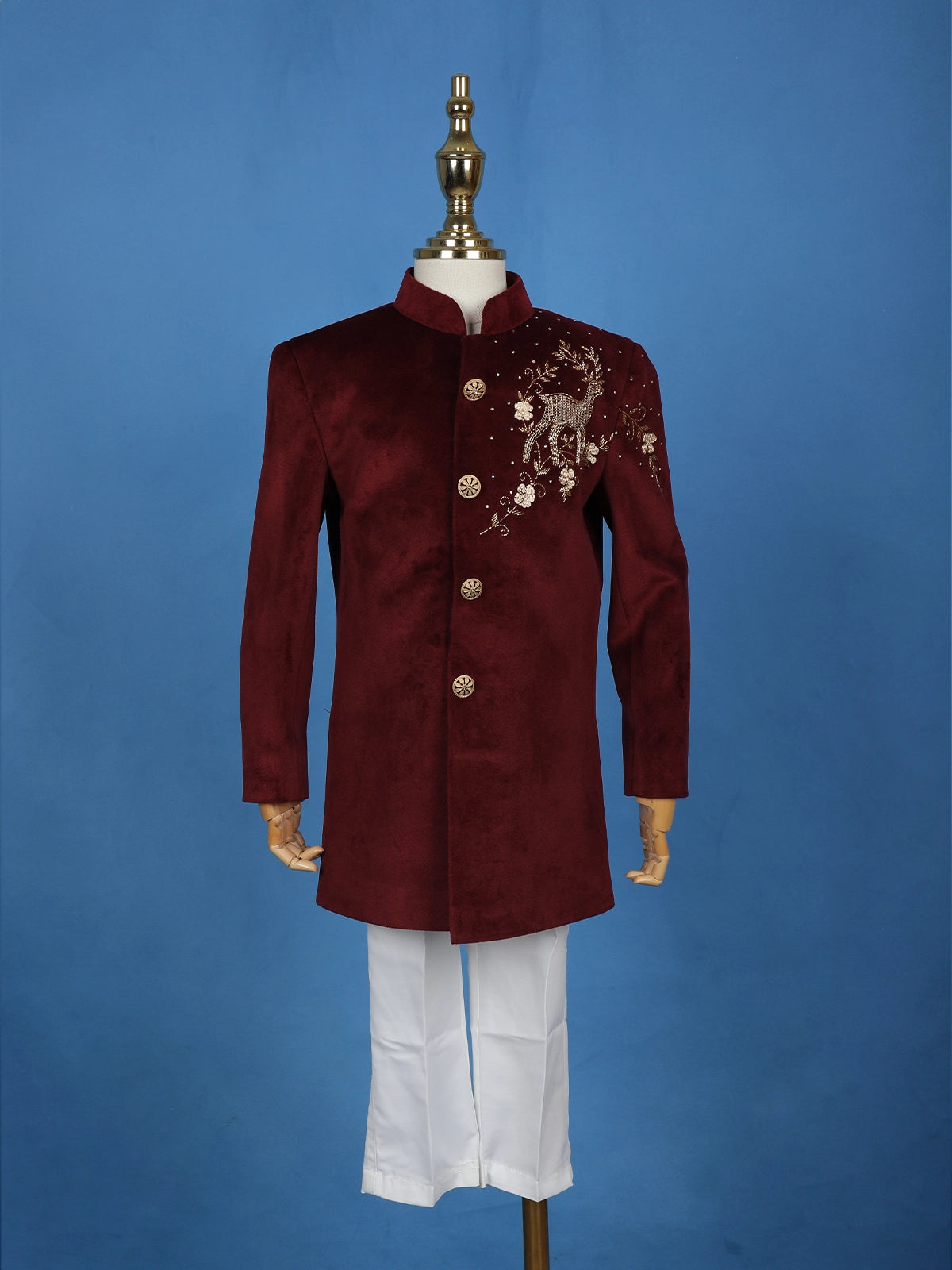 Wine Velvet Deer Design Bead Work Sherwani and Pant Set - Diadem