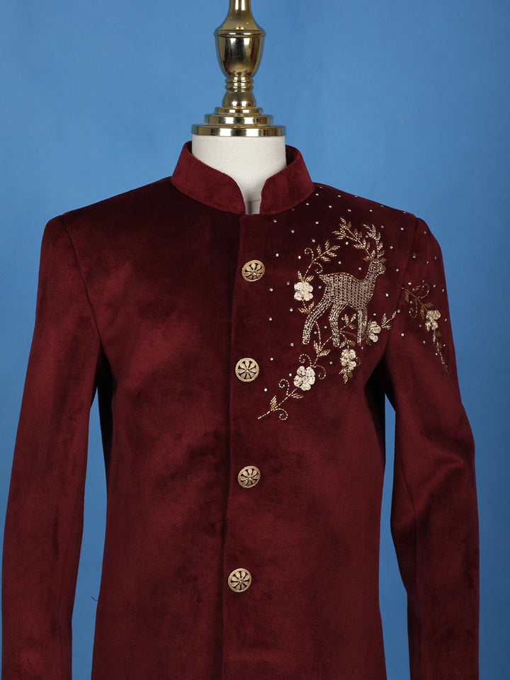 Wine Velvet Deer Design Bead Work Sherwani and Pant Set - Diadem