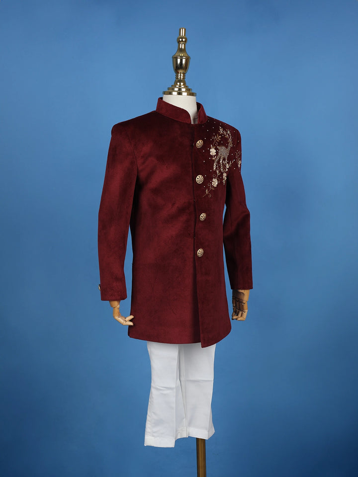 Wine Velvet Deer Design Bead Work Sherwani and Pant Set - Diadem