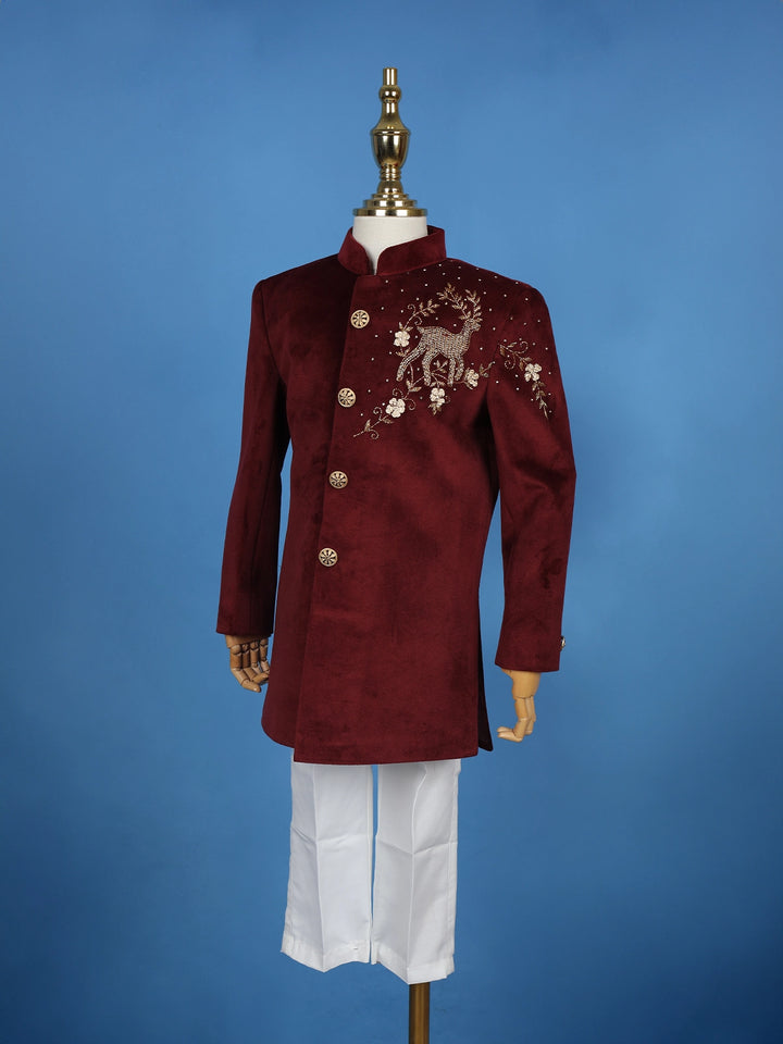 Wine Velvet Deer Design Bead Work Sherwani and Pant Set - Diadem