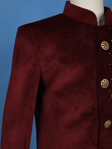 Wine Velvet Deer Design Bead Work Sherwani and Pant Set - Diadem