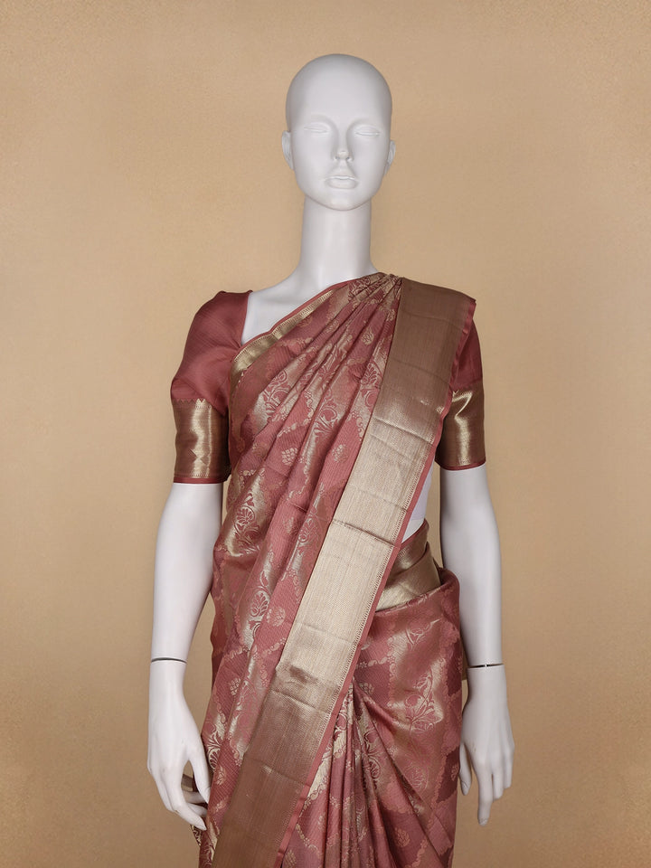 Woodrose Pink Floral Woven Pure Kanchipuram Silk Saree - Diadem