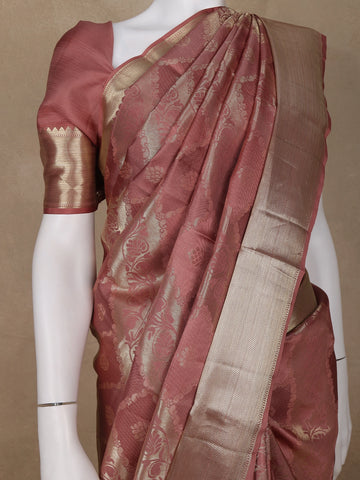 Woodrose Pink Floral Woven Pure Kanchipuram Silk Saree - Diadem