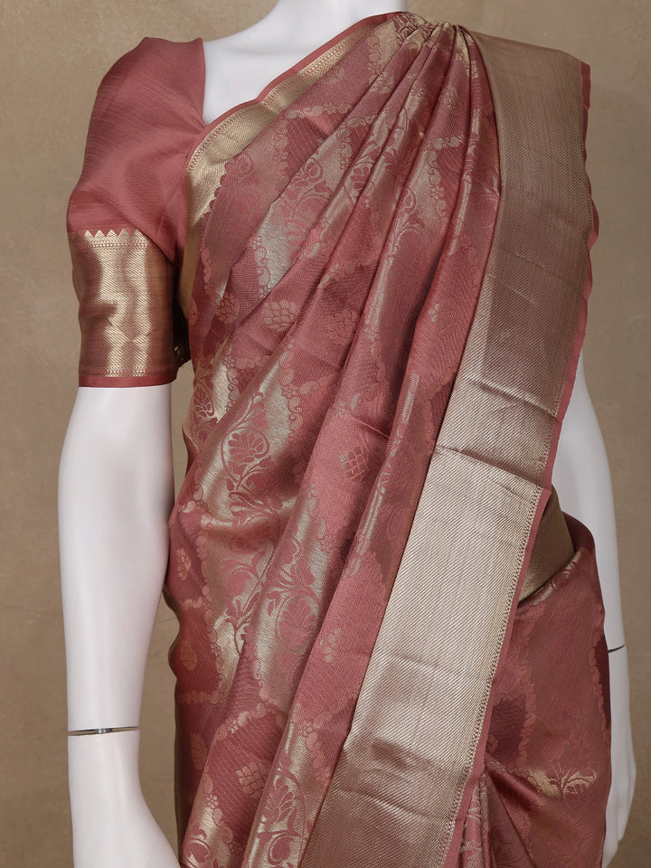 Woodrose Pink Floral Woven Pure Kanchipuram Silk Saree - Diadem