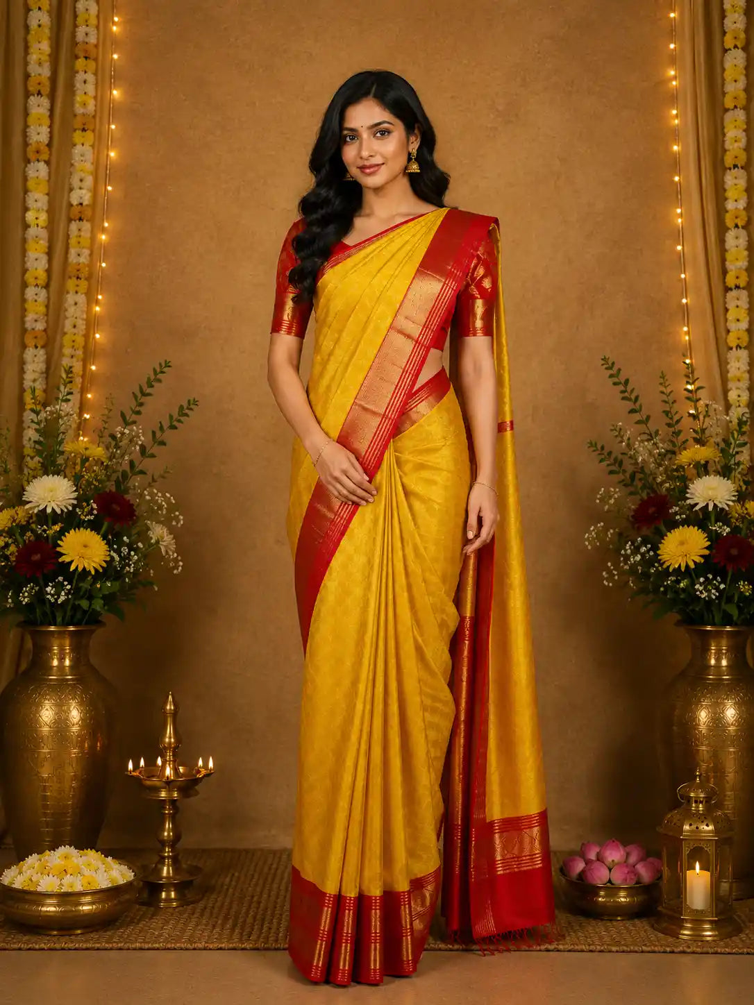 Yelllow Floral And Stripes Woven Pure Kanchipuram Silk Saree