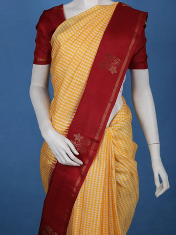 Yellow Checked Woven Pure Kanchipuram Silk Saree - Diadem
