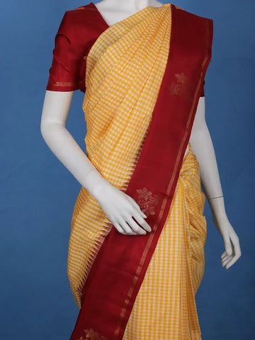 Yellow Checked Woven Pure Kanchipuram Silk Saree - Diadem