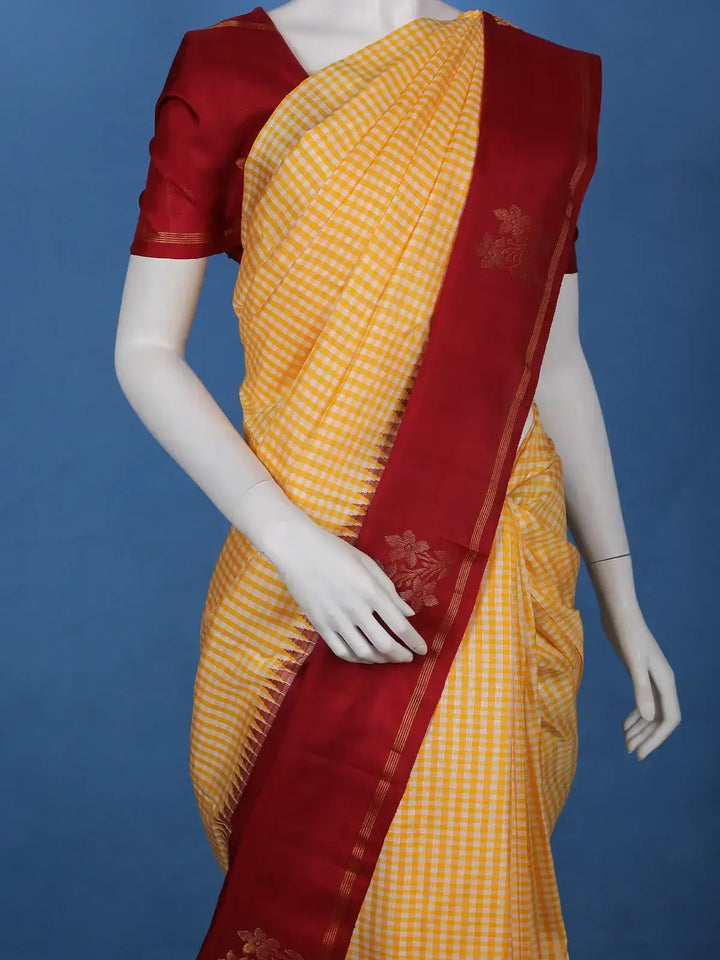 Yellow Checked Woven Pure Kanchipuram Silk Saree - Diadem