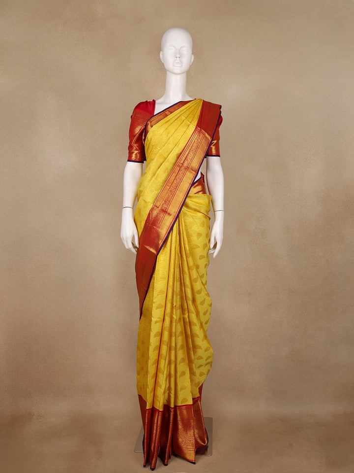 Yellow Floral Brocade Woven Pure Kanchipuram Silk Saree - Diadem