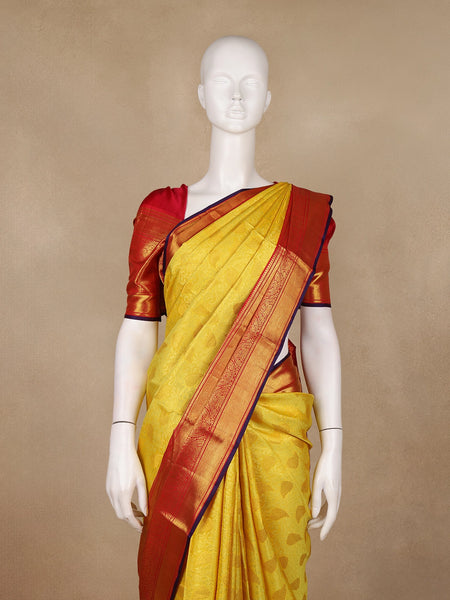Yellow Floral Brocade Woven Pure Kanchipuram Silk Saree - Diadem