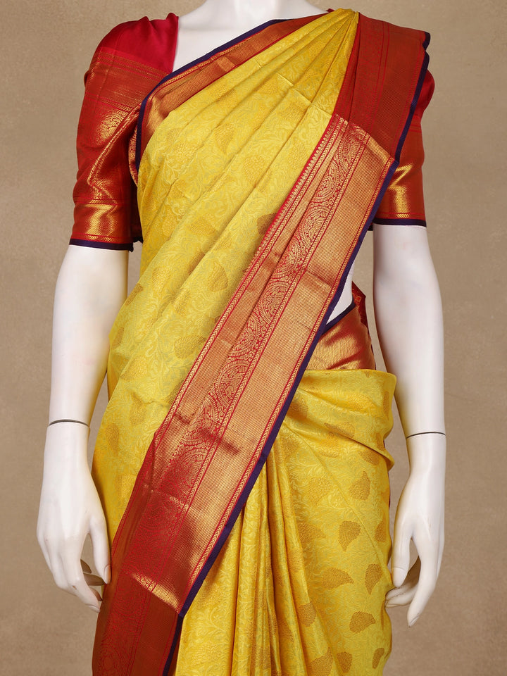 Yellow Floral Brocade Woven Pure Kanchipuram Silk Saree - Diadem