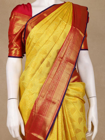Yellow Floral Brocade Woven Pure Kanchipuram Silk Saree - Diadem