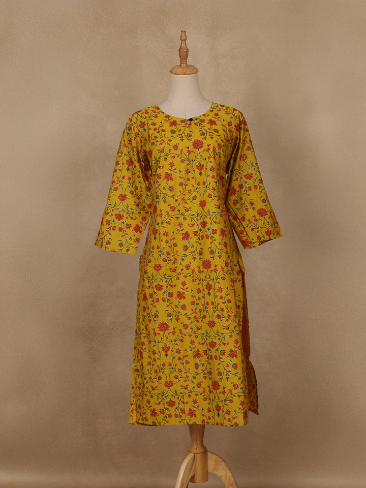 Yellow Floral Design Cotton Kurti - Diadem