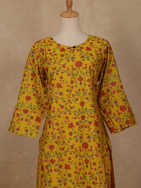 Yellow Floral Design Cotton Kurti - Diadem