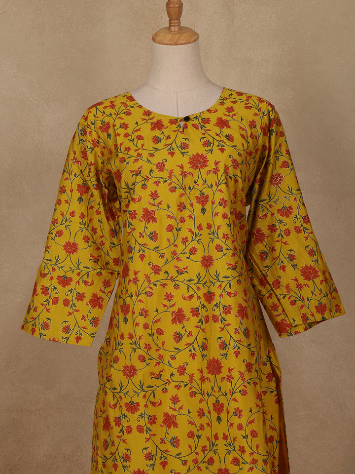 Yellow Floral Design Cotton Kurti - Diadem