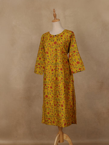 Yellow Floral Design Cotton Kurti - Diadem